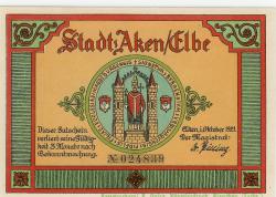 Aken - Stadt - Oktober 1921 - 50 Pfennig 