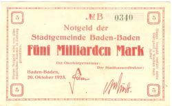 Baden-Baden - Stadt - 20.10.1923 - 5 Milliarden Mark 