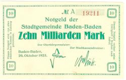 Baden-Baden - Stadt - 20.10.1923 - 10 Milliarden Mark 