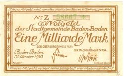 Baden-Baden - Stadt - 31.10.1923 - 1 Milliarde Mark 