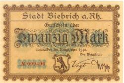 Biebrich (heute: Wiesbaden) - Stadt - 1918 - 1.2.1919 - 20 Mark 