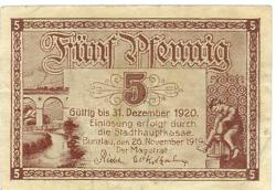 Bunzlau (heute: PL-Boleslawiec) - Stadt - 20.11.1918 - 31.12.1920 - 5 Pfennig 