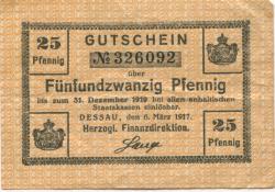 Dessau - Herzogliche Anhaltische Finanzdirektion - 6.3.1917 - 31.12.1919 - 25 Pfennig 