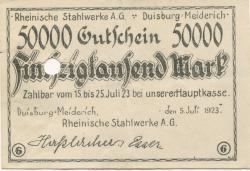 Duisburg-Meiderich - Rheinische Stahlwerke AG - 5.7.1923 - 25.7.1923 - 50000 Mark 