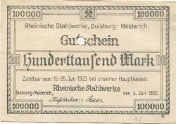 Duisburg-Meiderich - Rheinische Stahlwerke AG - 5.7.1923 - 25.7.1923 - 100000 Mark 