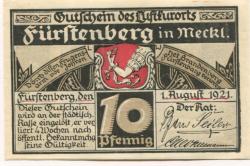 Fürstenberg - Stadt - 1.8.1921 - 10 Pfennig 