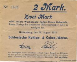Gottesberg (heute: PL-Boguszow) - Schlesische Kohlen- und Cokes-Werke - 26.8.1914 - Mitte September 1914 - 2 Mark 