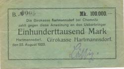 Hartmannsdorf - Girokasse - 23.8.1923 - 100000 Mark 