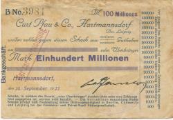 Hartmannsdorf - Pfau, Curt, & Co - 20.9.1923 - 100 Millionen Mark 