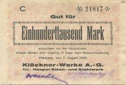 Haspe (heute: Hagen) - Klöckner-Werke AG, Abteilung Hasper Eisen- und Stahlwerk - 7.8.1923 - 100000 Mark 