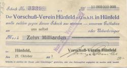 Hünfeld - Vorschuss-Verein eGmbH - 27.10.1923 - 10 Milliarden Mark 
