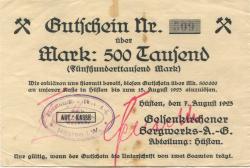 Hüsten (heute: Arnsberg) - Gelsenkirchener Bergwerks AG, Abteilung Hüsten, Weiß- und Feinblech-Walzwerke - 7.8.1923 - 15.8.1923 - 500000 Mark 