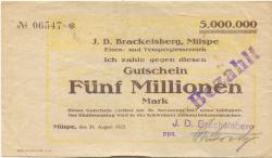 Milspe (heute: Ennepetal) - Brackelsberg, J. D., Eisen- und Tempergießereien - 24.8.1923 - 30.11.1923 - 5 Millionen Mark 