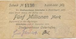 Osterhofen - Städtische Sparkasse - 15.9.1923 - 5 Millionen Mark 