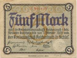 Reichenbach (heute: PL-Dzierzoniów) - Kreis - 1.2.1919 - 5 Mark 