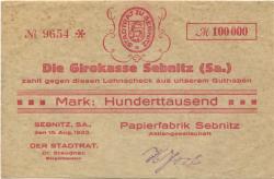 Sebnitz - Papierfabrik AG, Schandauer Str. 17 - 15.8.1923 - 100000 Mark 