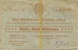 Sebnitz - Papierfabrik AG, Schandauer Str. 17 - 15.8.1923 - 5 Millionen Mark 