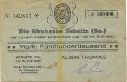 Sebnitz - Thomas, Alwin, (Blumenfabrik) - 15.8.1923 - 500000 Mark 