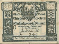 Striegau (heute: PL-Strzegom) - Stadtbank - 1.10.1920 - 25 Pfennig 