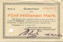 Troisdorf - Rheinisch-Westfälische Sprengstoff AG, Köln - 11.8.1923 - 5 Millionen Mark 