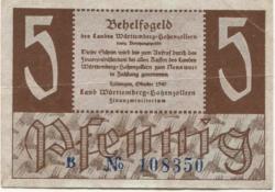 Tübingen - Land Württemberg-Hohenzollern - Oktober 1947 - 5 Pfennig 
