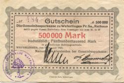 Weferlingen (heute: Oebisfelde) - Gemeindesparkasse - 15.8.1923 - 31.12.1923 - 500000 Mark 