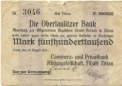 Zittau - Commerz- und Privatbank AG, Filiale Zittau - 14.8.1923 - 500000 Mark 