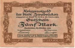 Zweibrücken - Stadt - 25.10.1918 - 1.2.1919 - 5 Mark 
