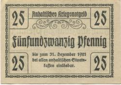 Dessau - Herzogliche Anhaltische Finanzdirektion - 20.8.1918 - 31.12.1921 - 25 Pfennig 