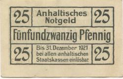 Dessau - Anhaltische Finanzdirektion - 1.4.1920 - 31.12.1921 - 25 Pfennig 