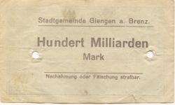 Giengen - Stadt - 25.10.1923 - 31.3.1924 - 100 Milliarden Mark 