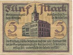 Reichenbach (heute: PL-Dzierzoniów) - Kreis - 1.2.1919 - 5 Mark 